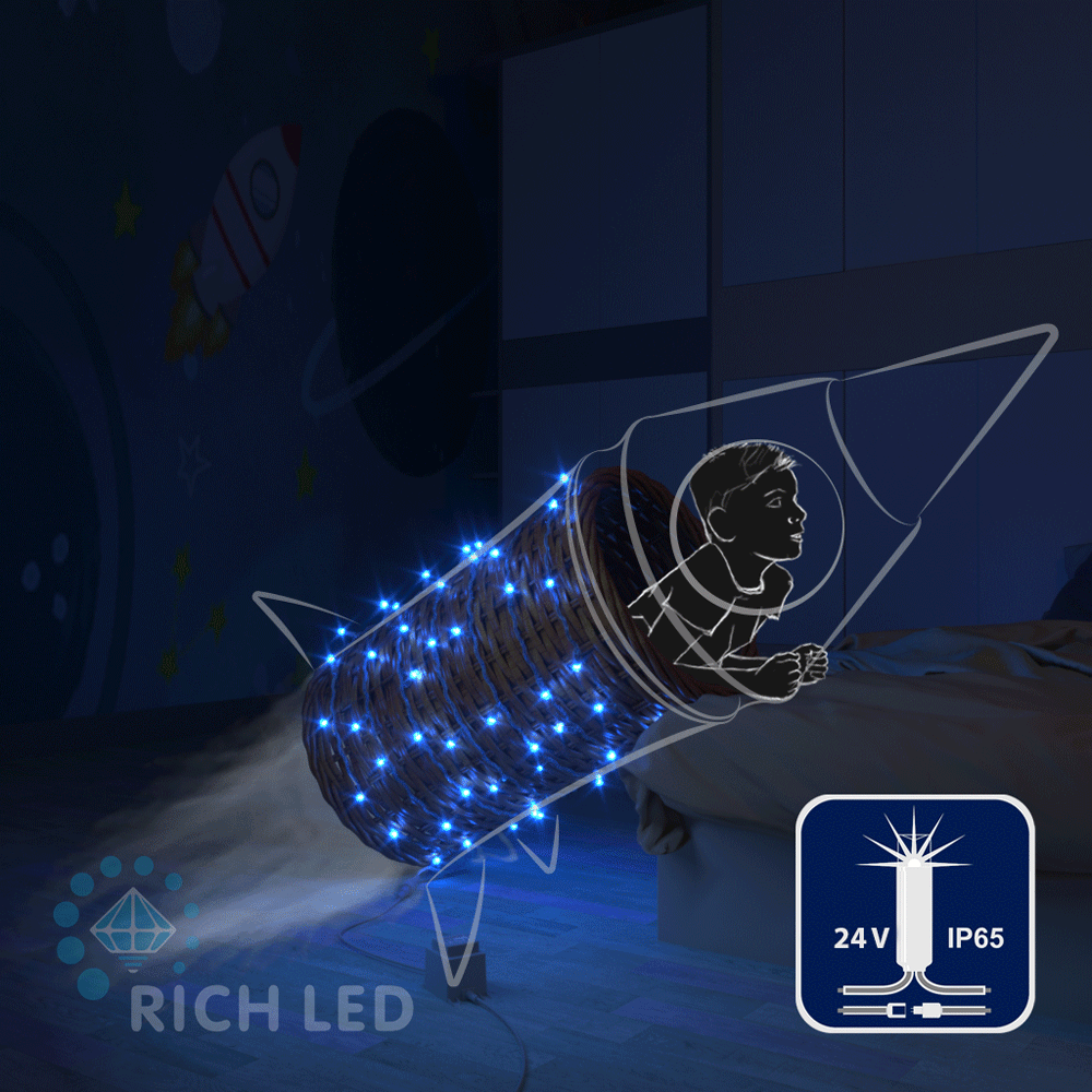 Светодиодные гирлянды RichLed Нить 10 м, 24 В, мерцание, IP65, прозр.провод, герм. колп, синий Качественная картинка Светодиодные гирлянды RichLed Нить 10 м, 24 В, мерцание, IP65, прозр.провод, герм. колп, синий
