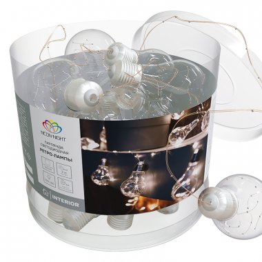 Качественная картинка Гирлянда светодиодная Ретро-лампы Neon-Night 3 м, прозрач. ПВХ, IP 20, 100 LED, белый, 3 х АА (нет)