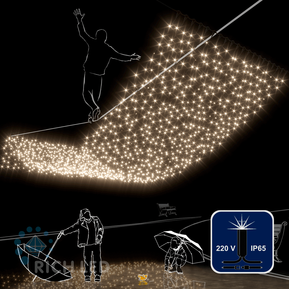 Светодиодный занавес Rich LED 2*6 м, с герм. колпачком, мерцание, соединяемый (до 5 шт), IP65, т бел Качественная картинка Светодиодный занавес Rich LED 2*6 м, с герм. колпачком, мерцание, соединяемый (до 5 шт), IP65, т бел