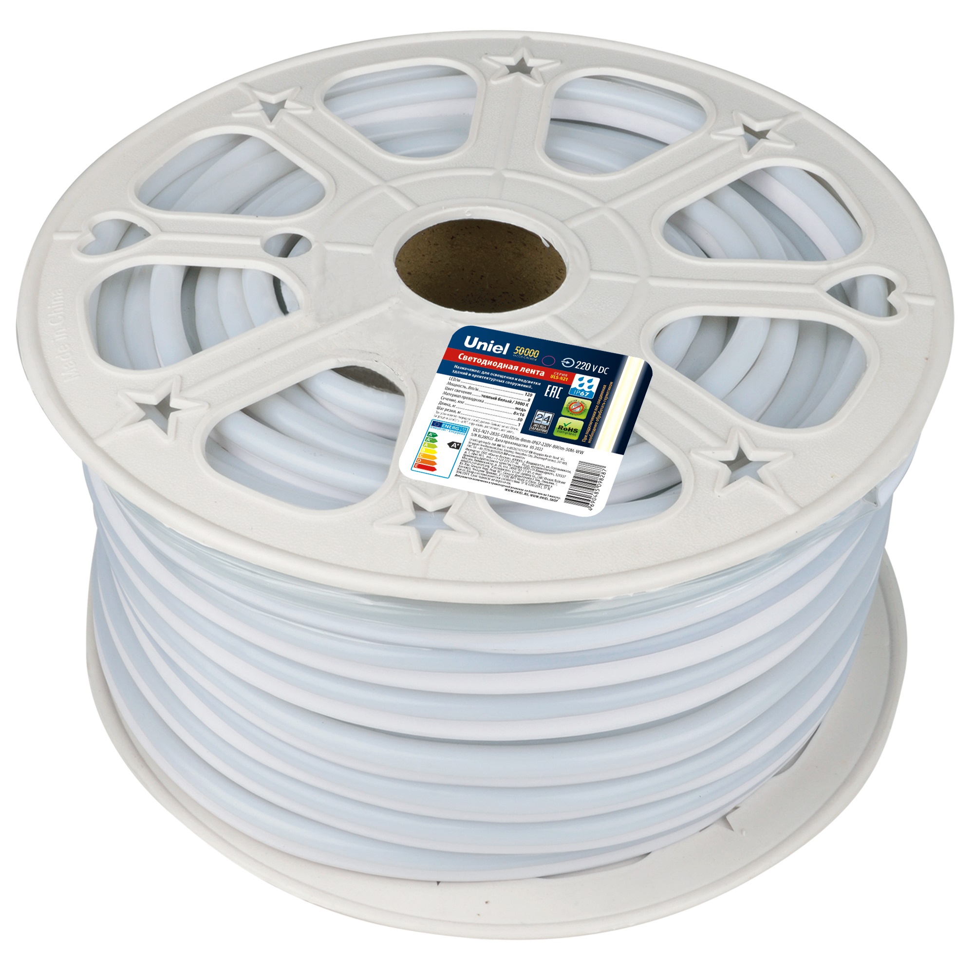 Качественная картинка Гибкий неон Uniel 8 × 16 мм, IP67, 50 м, SMD2835, 120 LED/м, 8 Вт/м, 220 В, свечение тёплое белое