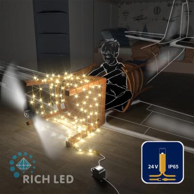 Светодиодные гирлянды RichLed Нить 10 м, 24 В, пост.свеч, IP 65, герм.колп, золотой провод, теплый