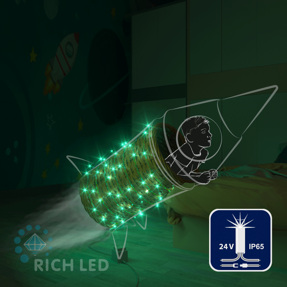 Качественная картинка Светодиодные гирлянды RichLed Нить 10 м, 24 В, мерцание, IP65, герм.колп, прозр.провод, цвет зеленый