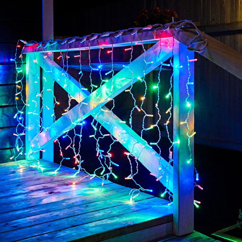 Качественная картинка Светодиодный занавес NEON-NIGHT 2х1,5м МУЛЬТИКОЛОР, прозрачный ПВХ, IP65, постоянное свечение, 230В