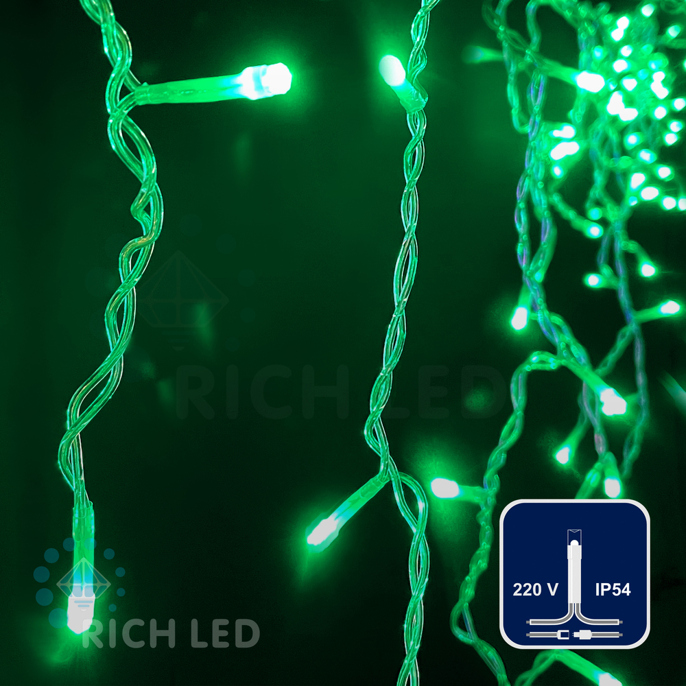 Качественная картинка Светодиодная бахрома Rich LED 3*0,5 м, 220 В, пост. свечение, цвет зеленый, IP54, прозр. провод