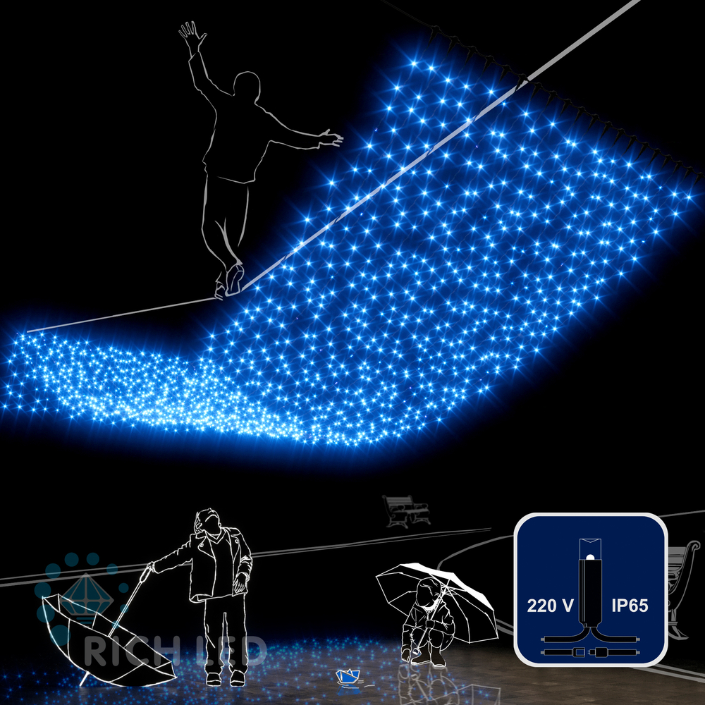 Светодиодный занавес Rich LED 2*6 м, с герметичным колпачком, соединяемый (до 5 шт), IP65, синий Качественная картинка Светодиодный занавес Rich LED 2*6 м, с герметичным колпачком, соединяемый (до 5 шт), IP65, синий