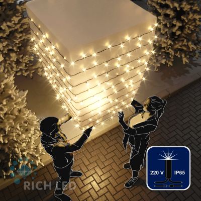 Светодиодные гирлянды RichLed Нить 10 м, 220 В, мерц, IP 65, герм колп, черный провод, теплый белый