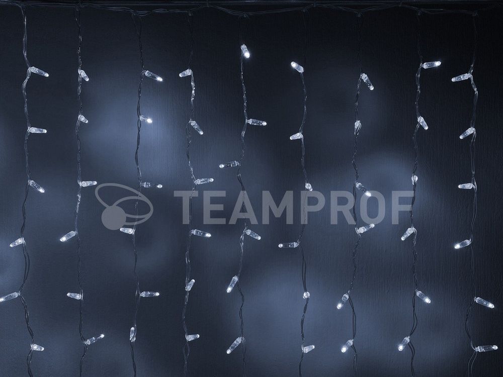 Качественная картинка Светодиодный занавес Teamprof 2х1м, мерцание, прозрачный провод, белый