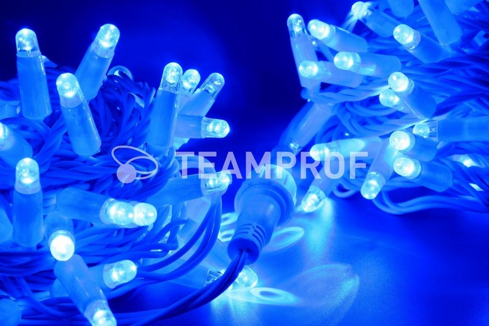 Качественная картинка Светодиодная гирлянда нить TeamProf 10 м, 100 LED, 220В, мерцание, белый провод, синий